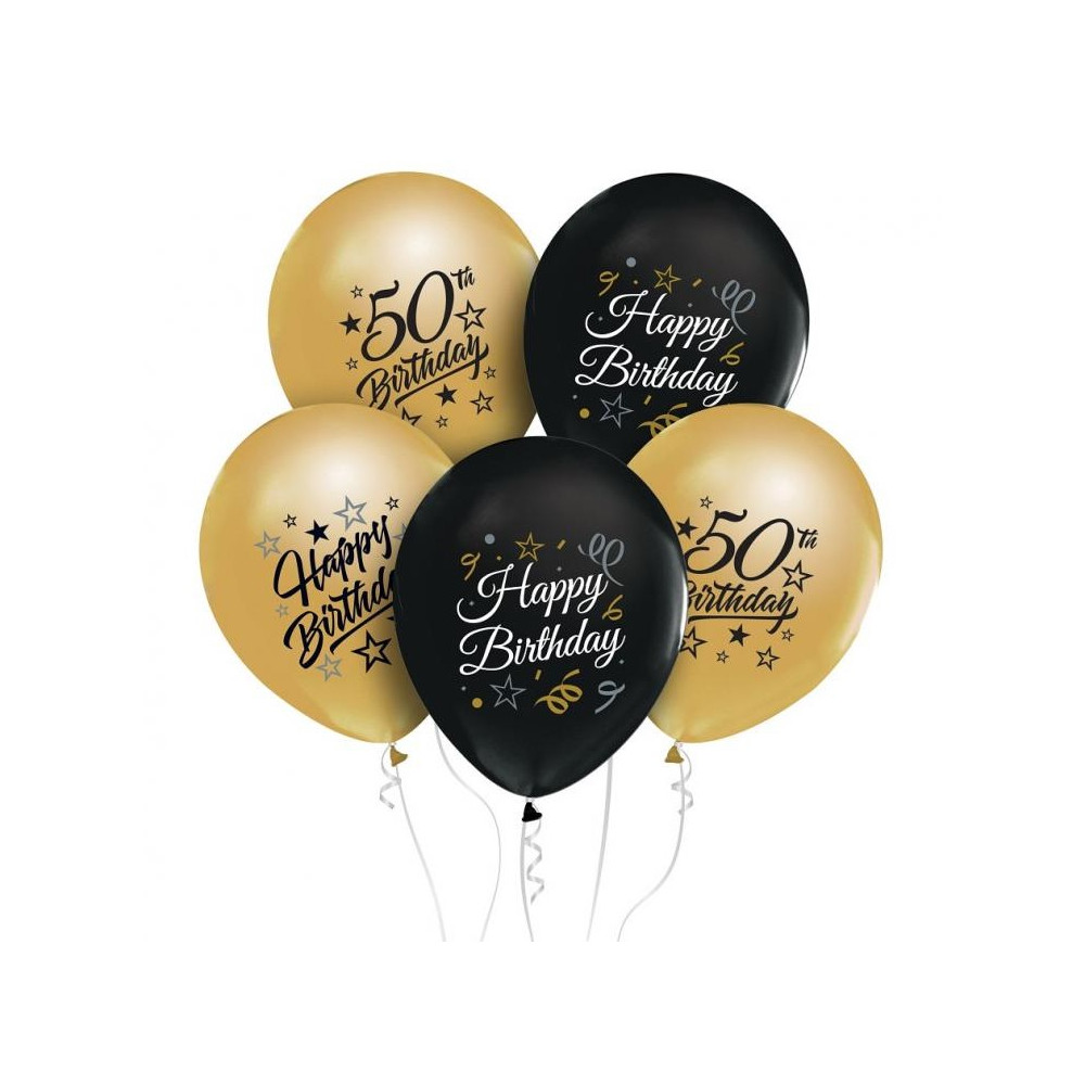 Balony Happy Birthday na 50 urodziny Zestaw złote czarne 5szt 12" Party