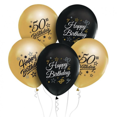 Balony Happy Birthday na 50 urodziny Zestaw złote czarne 5szt 12" Party