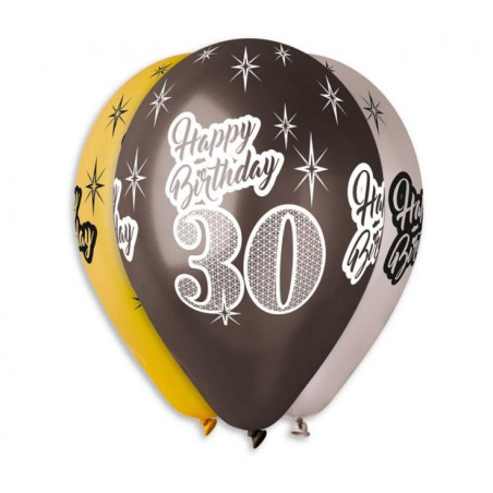 Balony Happy Birthday na 30 urodziny Zestaw złote czarne 6szt 12" Party