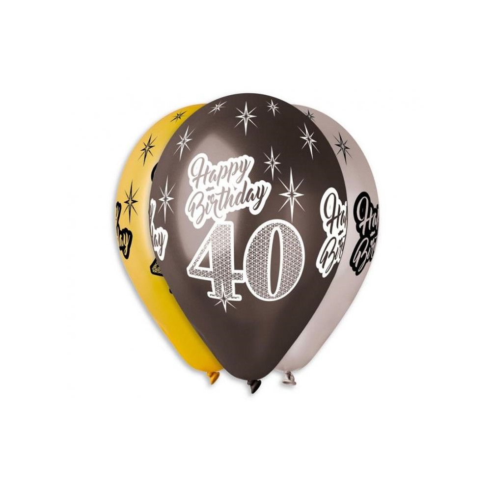 Balony Happy Birthday na 40 urodziny Zestaw złote czarne 6szt 12" Party