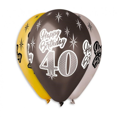 Balony Happy Birthday na 40 urodziny Zestaw złote czarne 6szt 12" Party