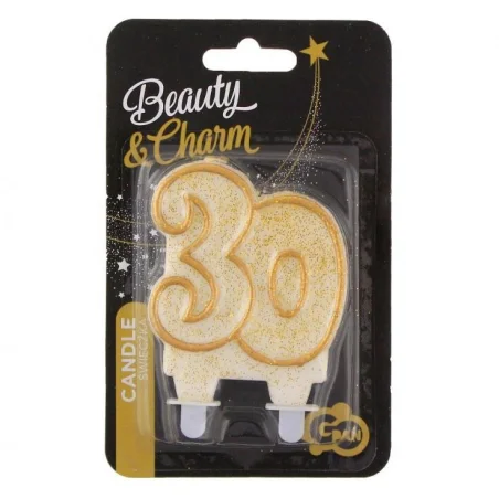 Birthday Candle Number 30 Gold Glitter 8cm 1pc Candle for Cake