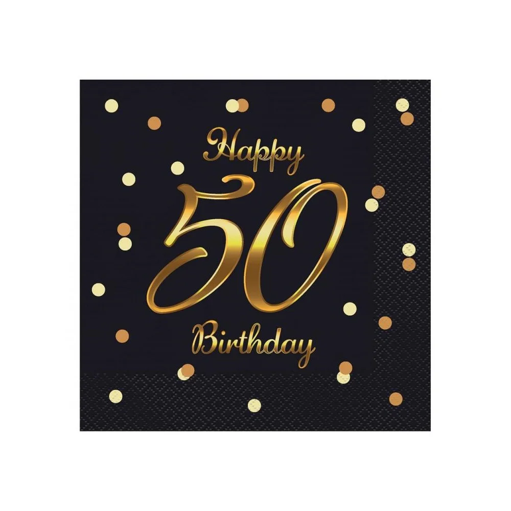 Birthday Napkins for a 50th Birthday Happy Birthday 33 cm 20 pcs Black and Gold
