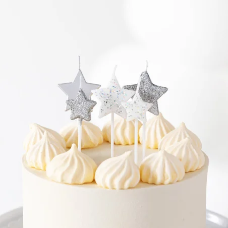 Silver Star Glitter Cake Candles - Star Cake Decoration - 5 Pieces