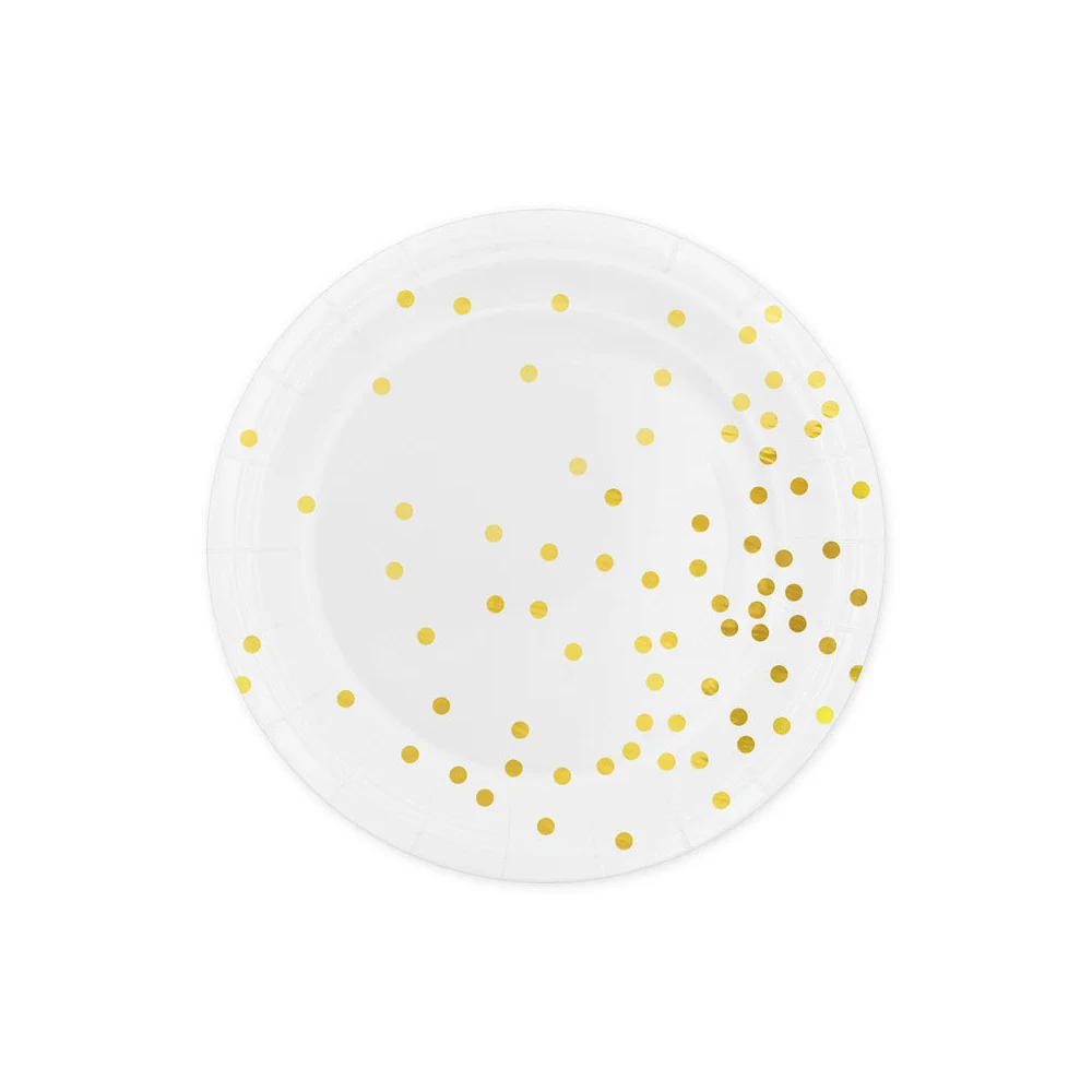 Elegant white paper plates with gold polka dots, 6 pcs, 18cm