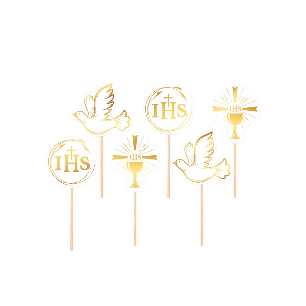 Cake Toppers for First Holy Communion Gold Mix 6pcs Cupcake Picks