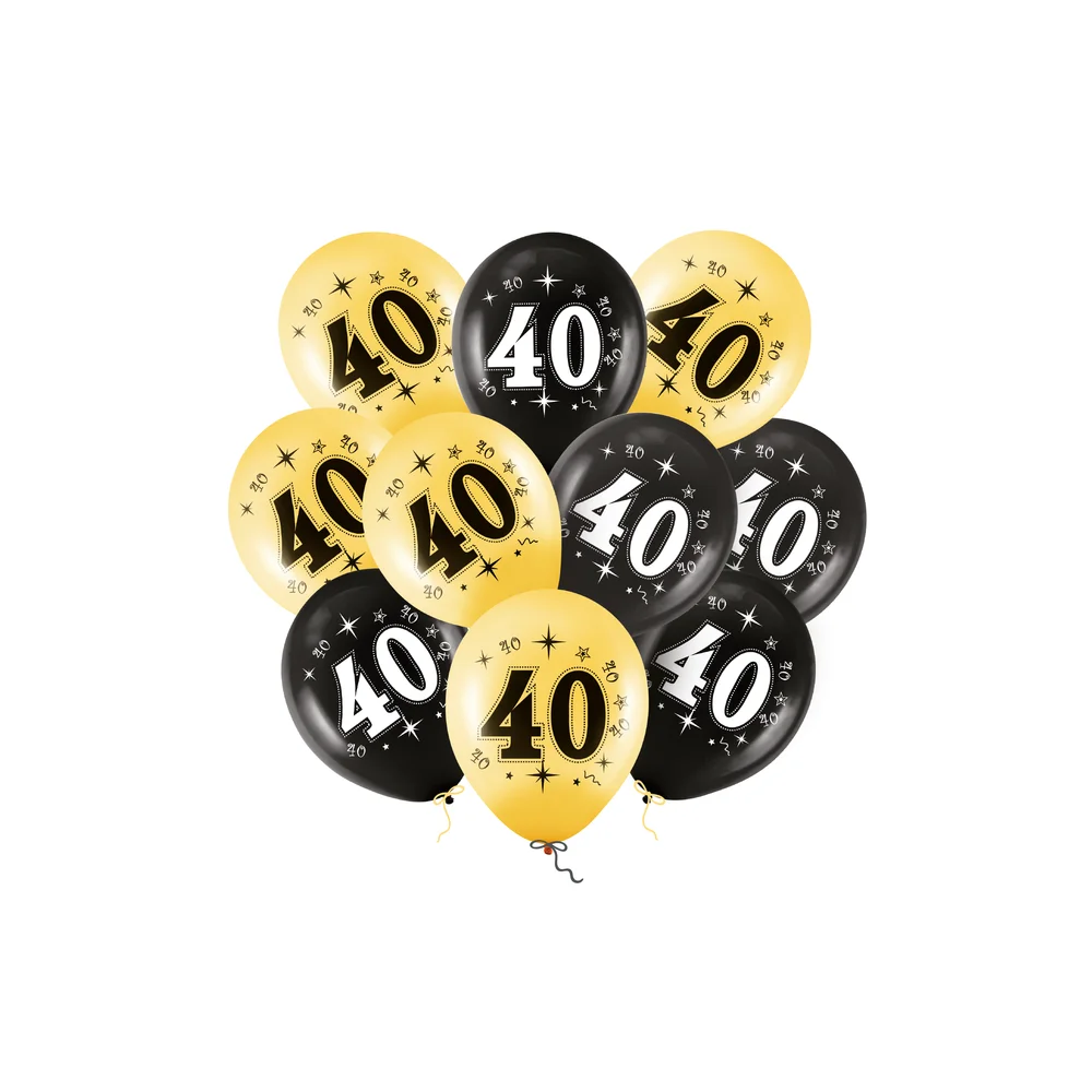 Black and Gold Latex Balloons for a 40th Birthday Celebration - 12 inches, Set of 10