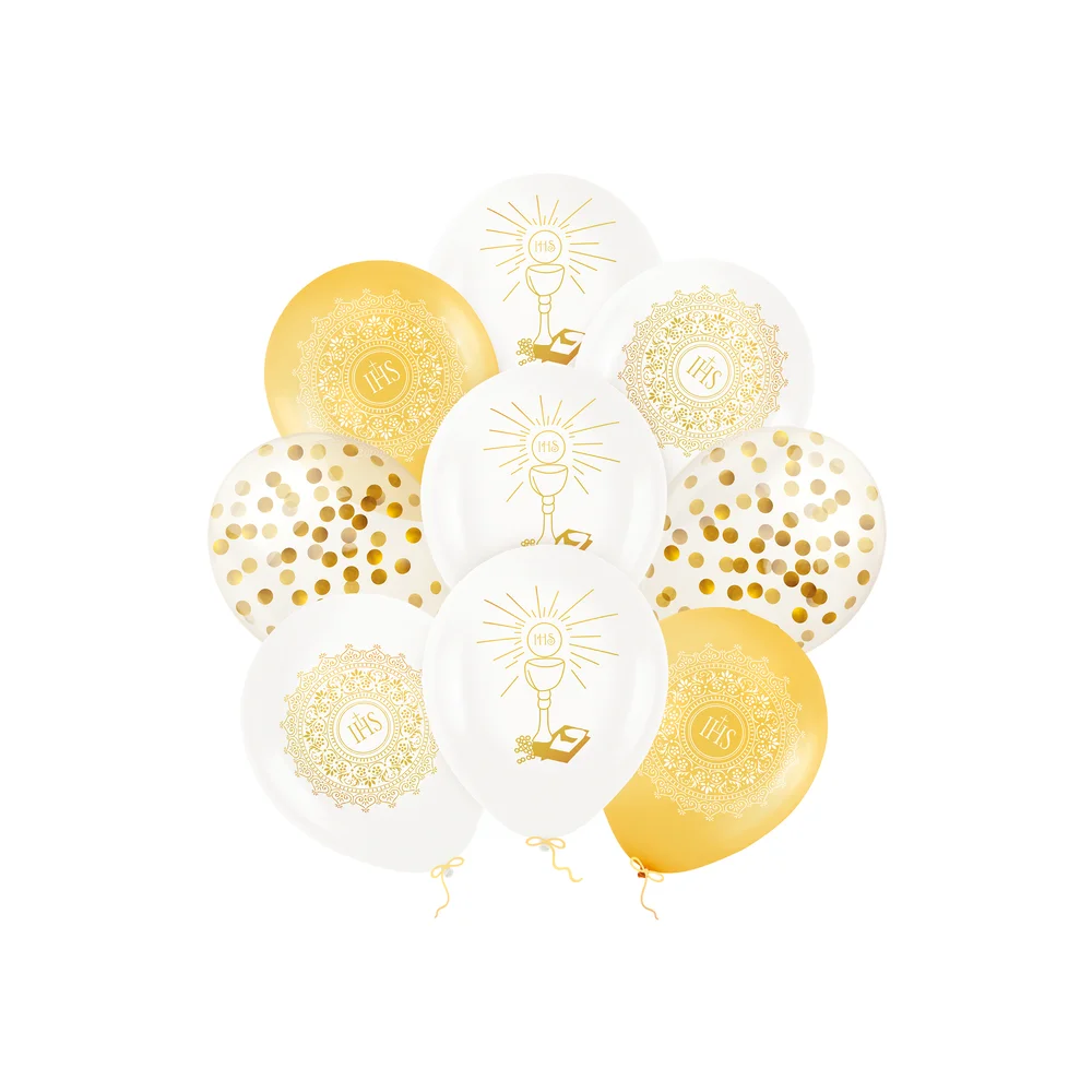 Balloons for First Holy Communion - White and Gold IHS Communion Balloons, Set of 9, 12"
