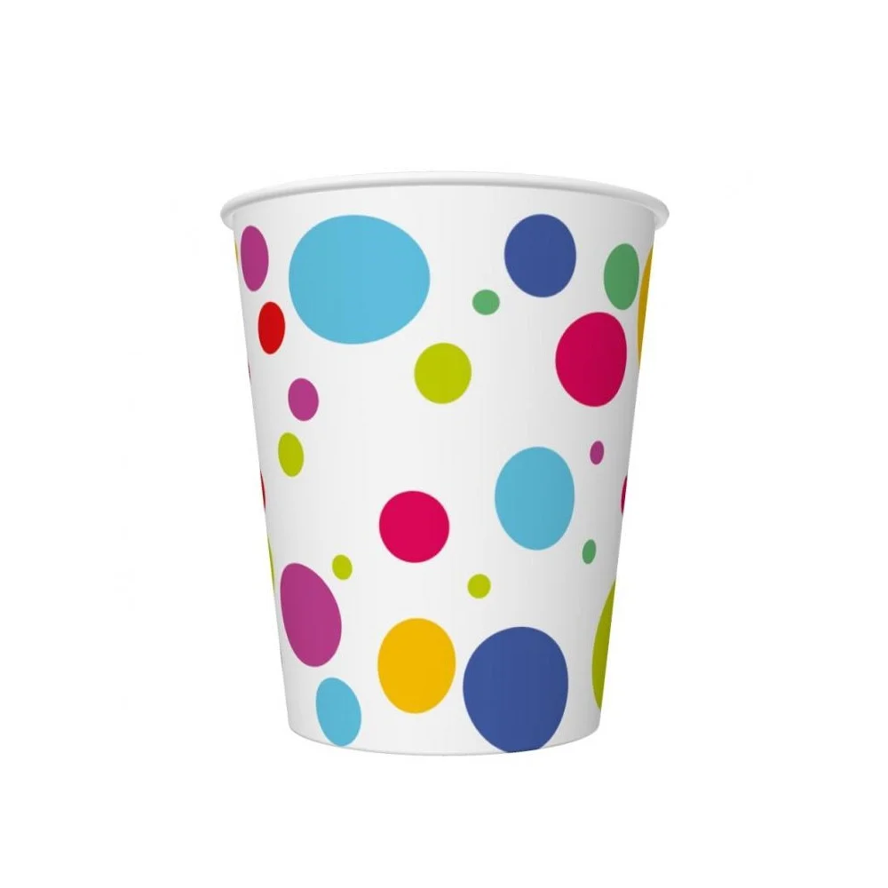 White Paper Cups with Colorful Dots Party TNT 250ml 8 pcs.