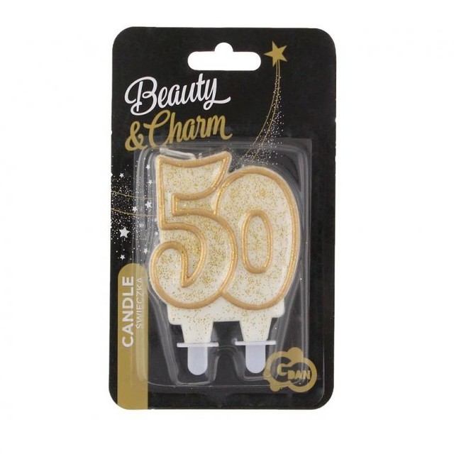 Świeczka urodzinowa cyfra 50 złoty brokat 8cm 1szt – zdjęcie 2