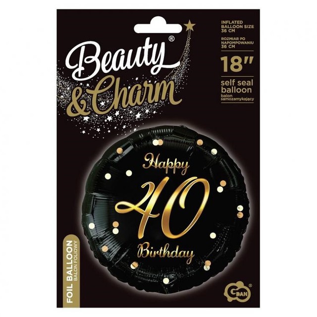 Balon foliowy czarny okrągły Happy Birthday 40 urodziny 1 szt. – zdjęcie 2