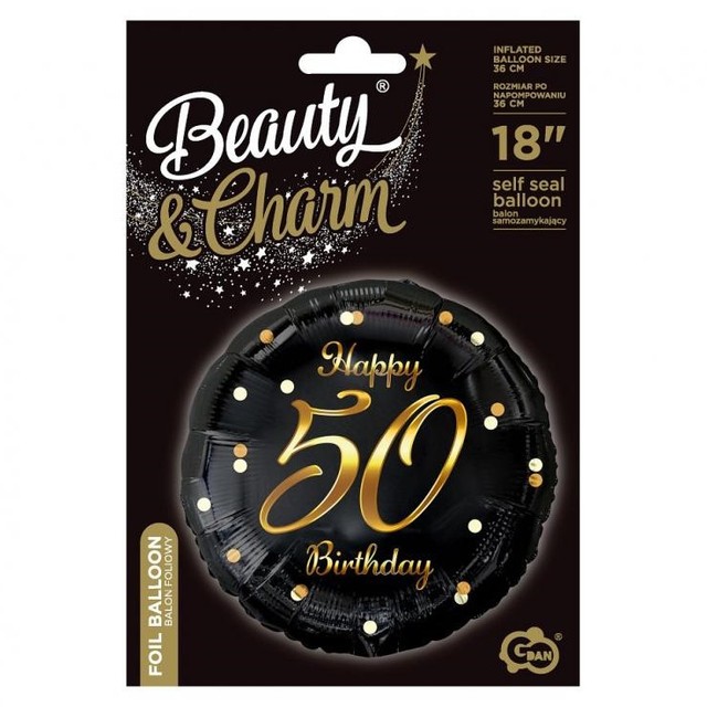 Balon foliowy czarny okrągły Happy Birthday 50 urodziny 1 szt. – zdjęcie 2