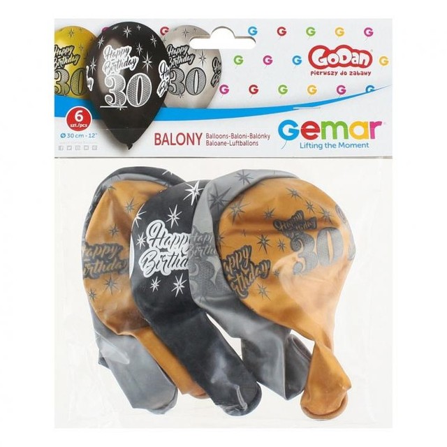 Balony Happy Birthday na 30 urodziny Zestaw złote czarne 6szt 12" Party – zdjęcie 2