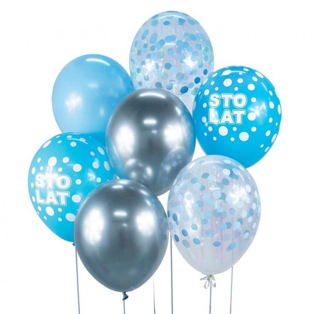 Zestaw Balonów niebiesko-srebrne Sto Lat Urodziny Party 7szt – zdjęcie 2