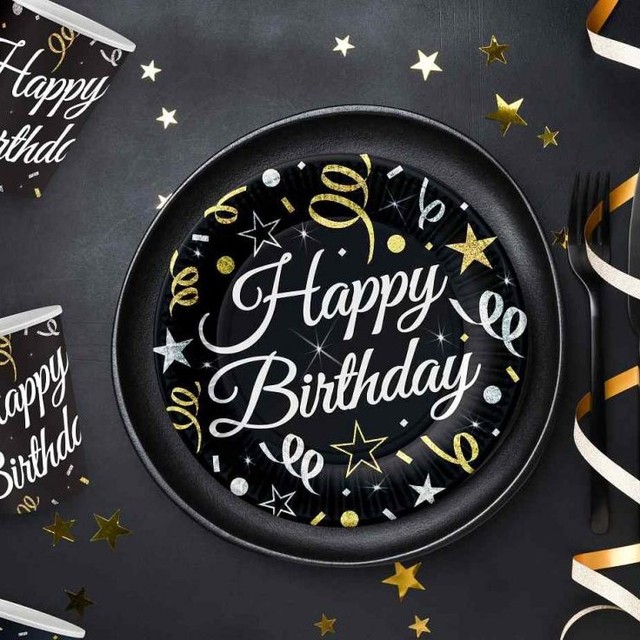 Talerzyki papierowe z napisem Happy Birthday 6 szt. Dekoracja urodzinowa – zdjęcie 2