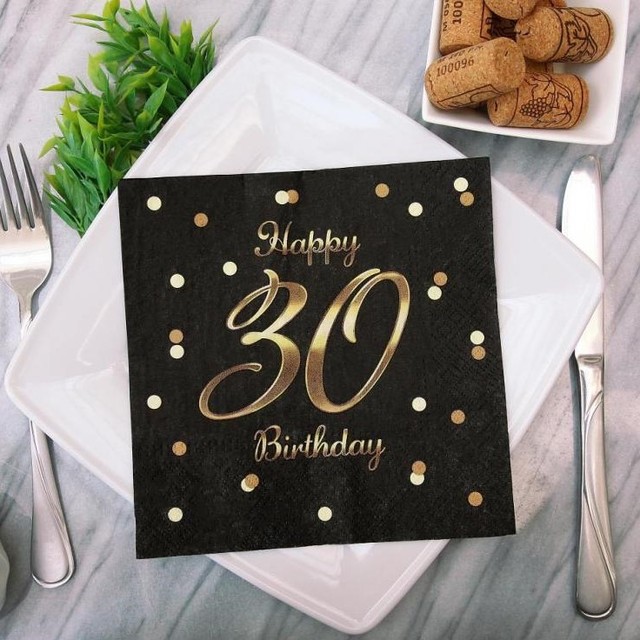 Serwetki urodzinowe na 30 urodziny Happy Birthday 33 cm 20szt Czarno-złote – zdjęcie 2