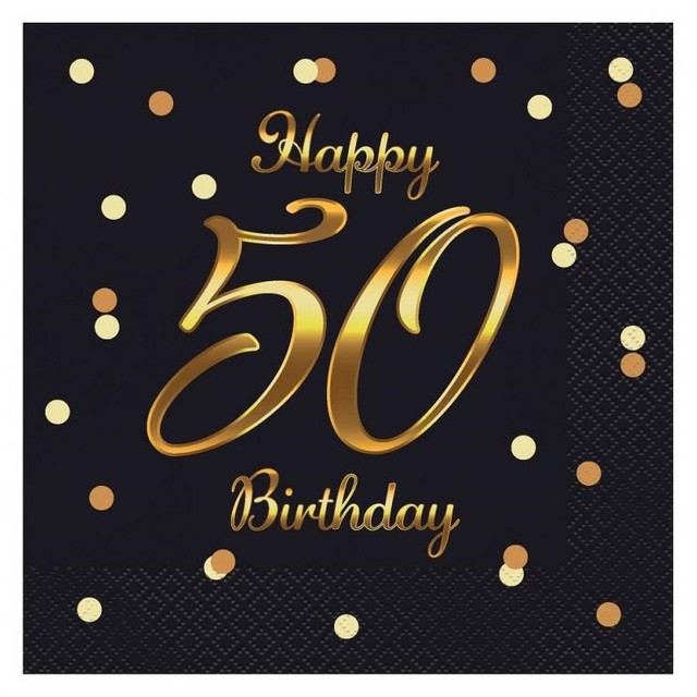 Serwetki urodzinowe na 50 urodziny Happy Birthday 33 cm 20szt Czarno-złote