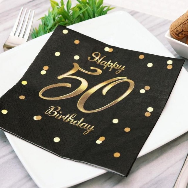 Serwetki urodzinowe na 50 urodziny Happy Birthday 33 cm 20szt Czarno-złote – zdjęcie 2
