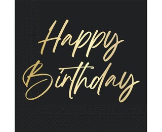 Serwetki urodzinowe z napisem Happy Birthday 33 cm 20szt Czarno-złote