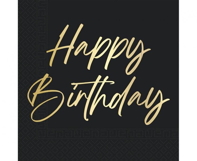 Serwetki urodzinowe z napisem Happy Birthday 33 cm 20szt Czarno-złote