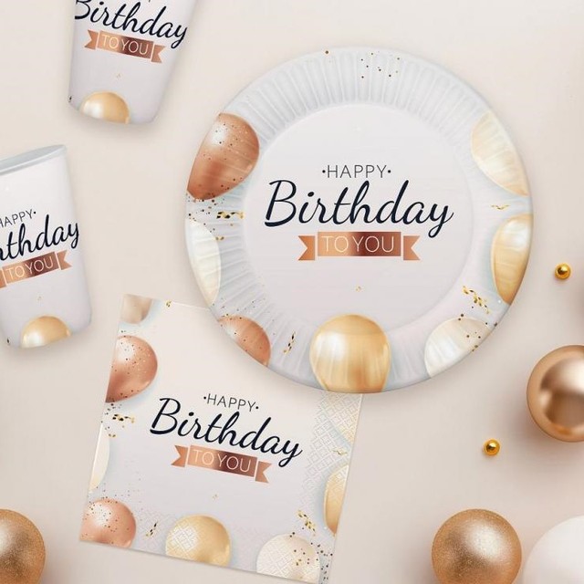 Talerzyki papierowe z napisem Happy Birthday 6 szt. Złote balony – zdjęcie 2