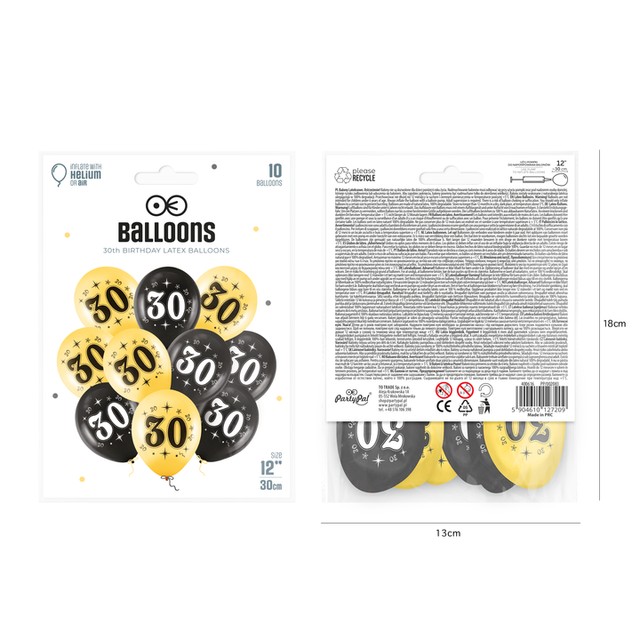 Balony lateksowe na 30 urodziny czarno-złote 12cali 10szt – zdjęcie 2