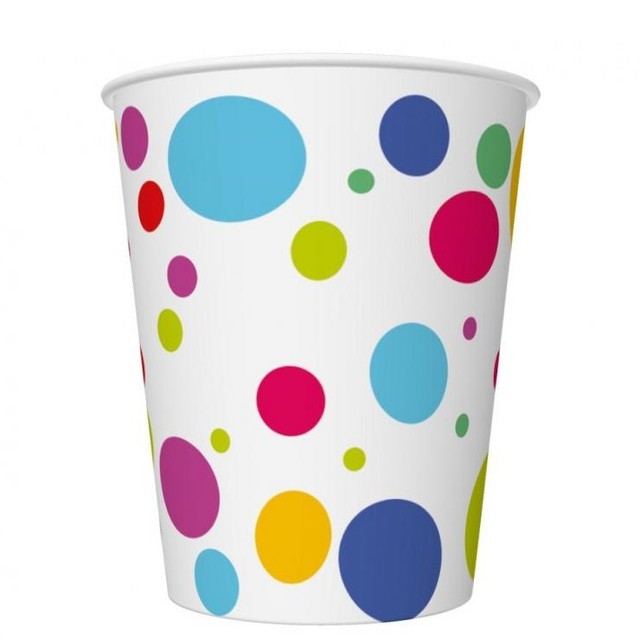 Kubeczki papierowe białe z kolorowymi kropeczkami Party TNT 250ml 8 szt.